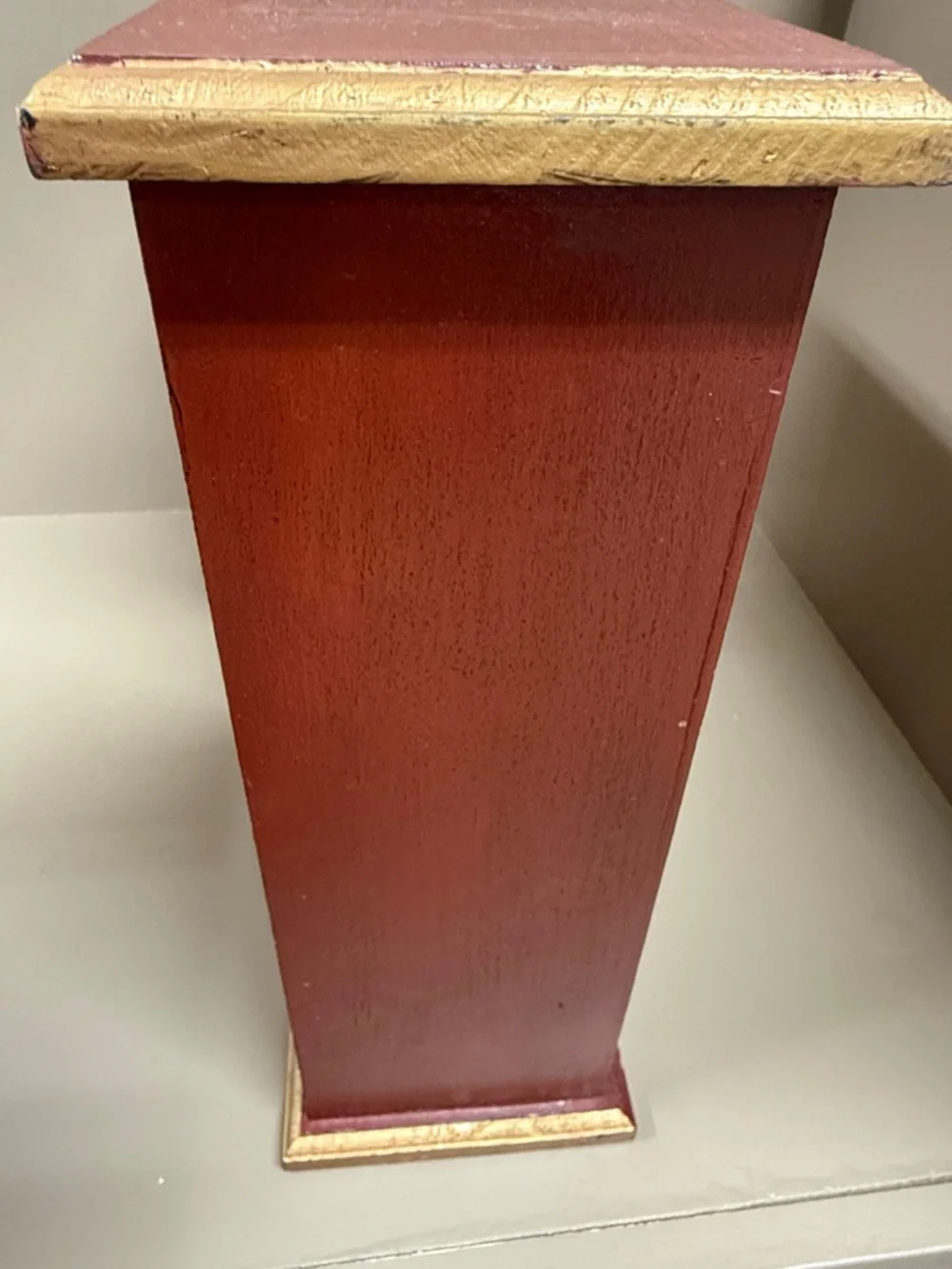 Reddish & Gold Wooden Jewelry Cabinet with Mirror & 3 Drawers. 12” x 13” x 5”